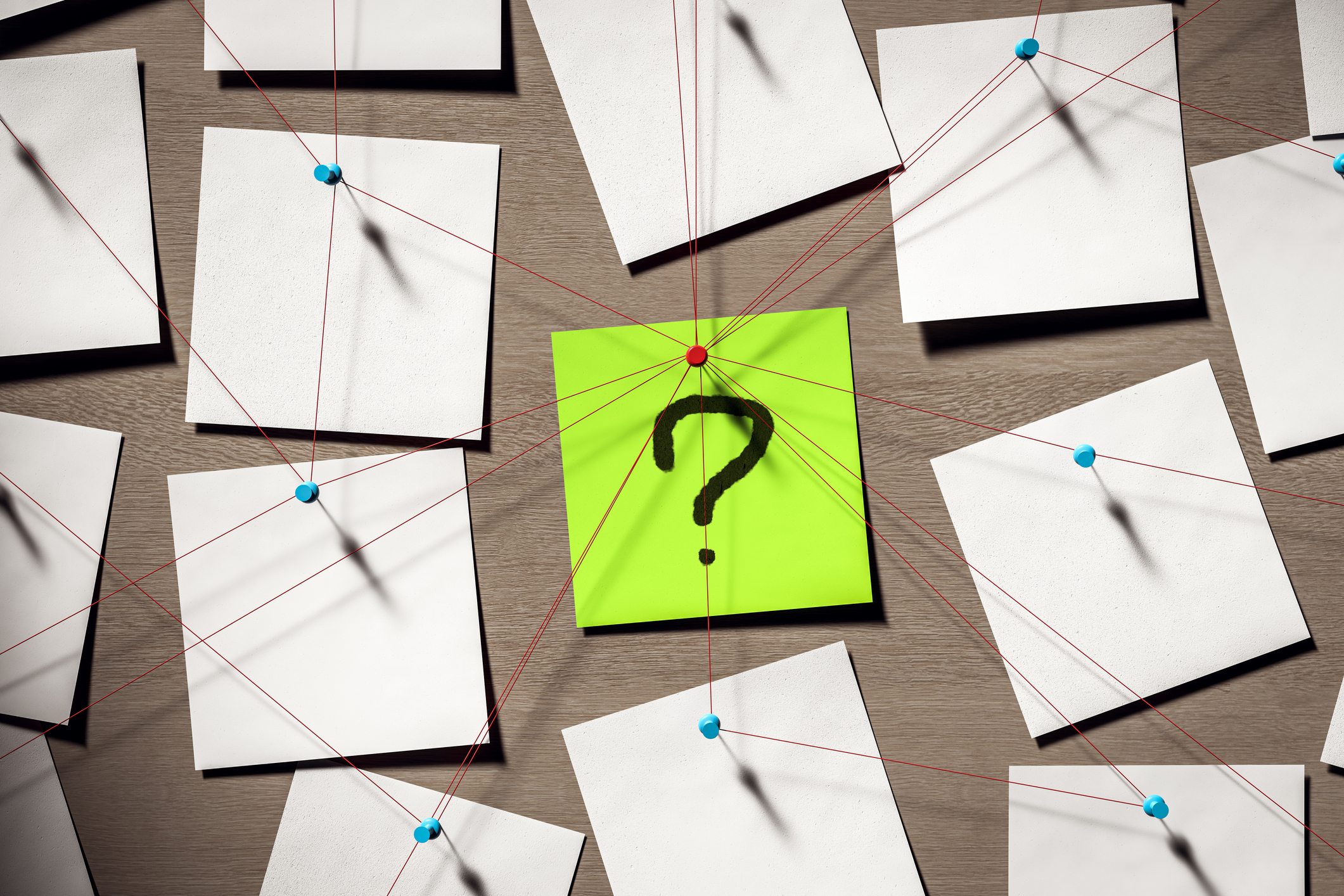 Green sticky note with black question mark connected by red strings among blank white notes pinned on office wall background in detective concept scene. 3D Rendering Customized Admin Plans